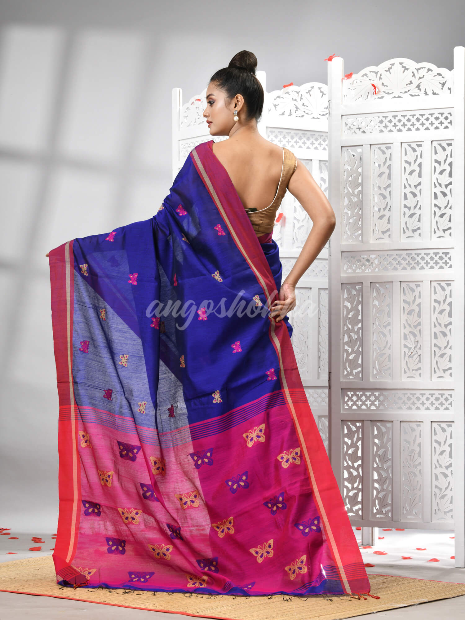 Blue Cotton Blend All Body Motive With Rani Pallu Handloom Saree