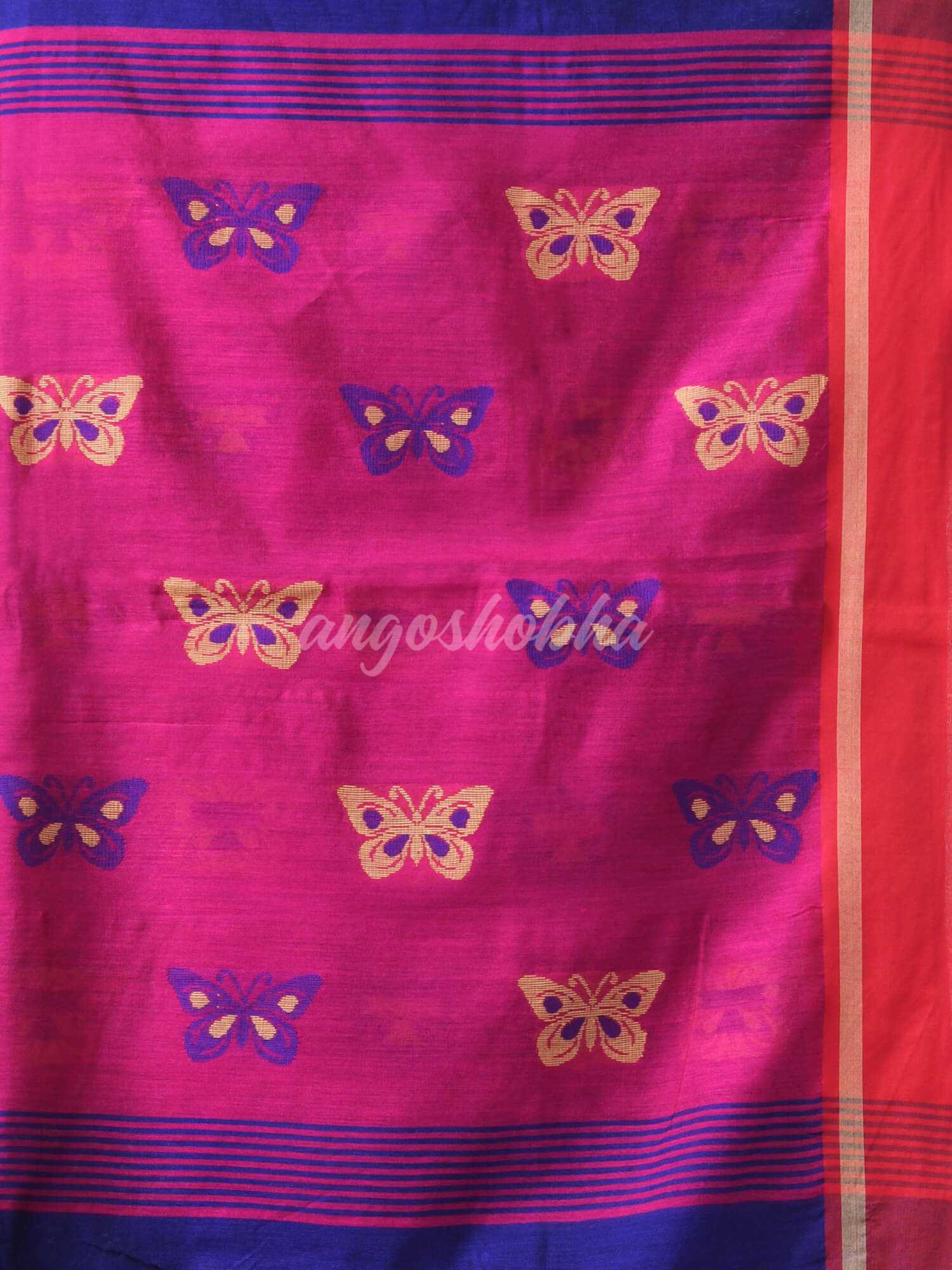 Blue Cotton Blend All Body Motive With Rani Pallu Handloom Saree