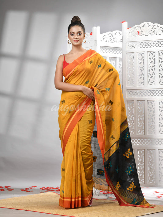 Yellow Cotton Blend All Body Motive With Black Pallu Handloom Saree