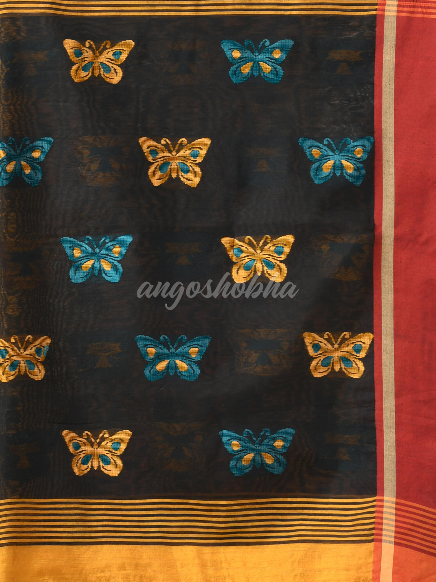 Yellow Cotton Blend All Body Motive With Black Pallu Handloom Saree