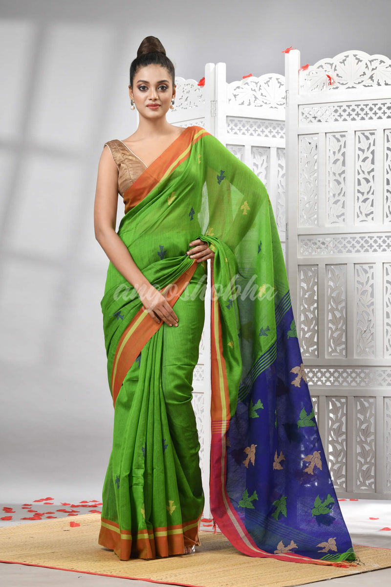 Green Cotton Blend All Body Motive With Blue Pallu Handloom Saree