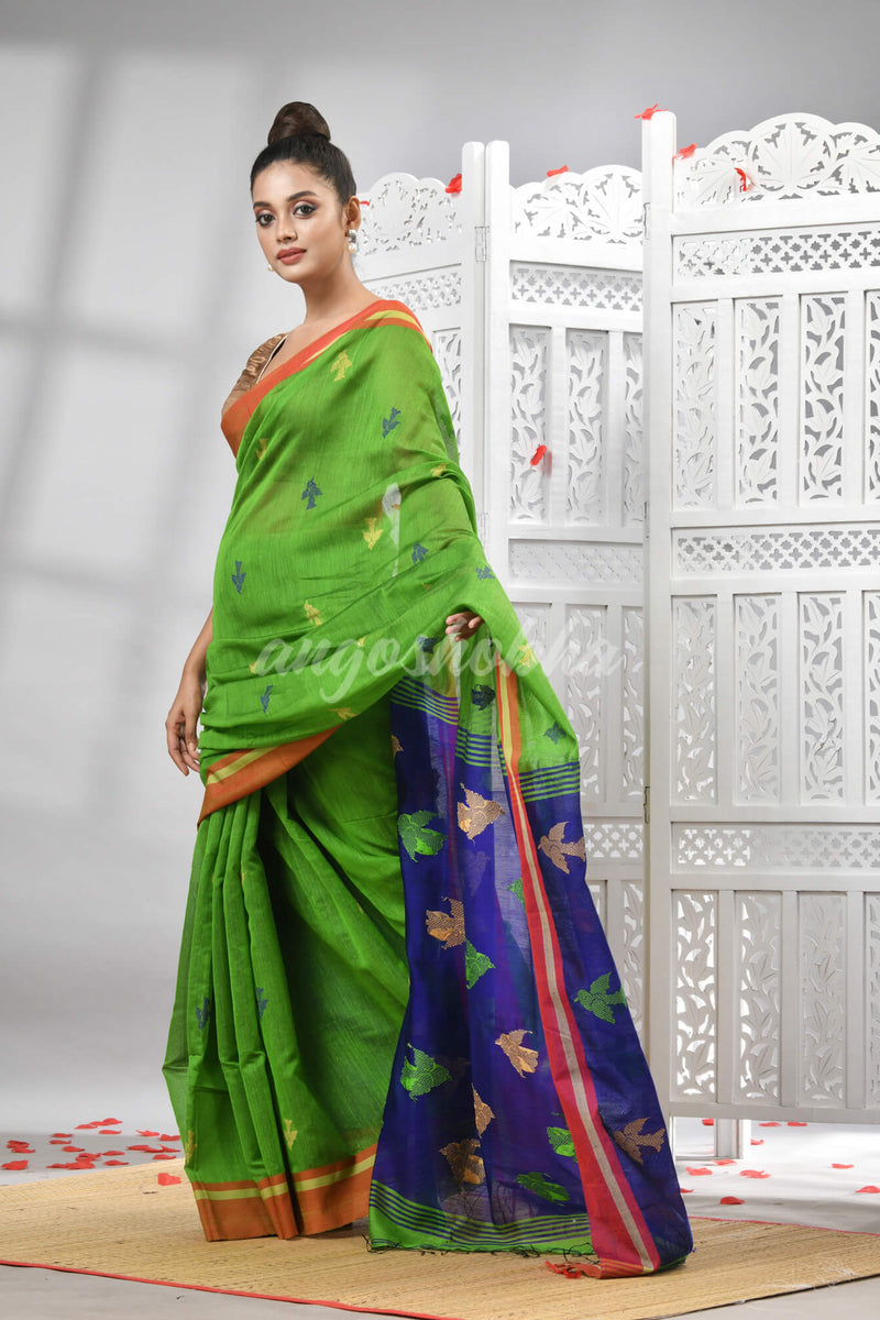 Green Cotton Blend All Body Motive With Blue Pallu Handloom Saree
