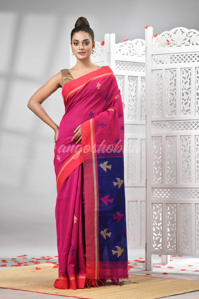 Rani Cotton Blend All Body Motive With Blue Pallu Handloom Saree