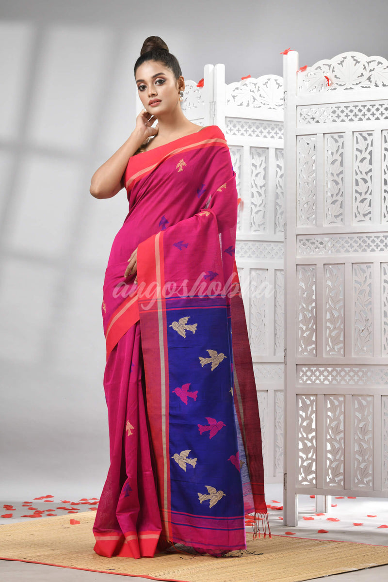 Rani Cotton Blend All Body Motive With Blue Pallu Handloom Saree