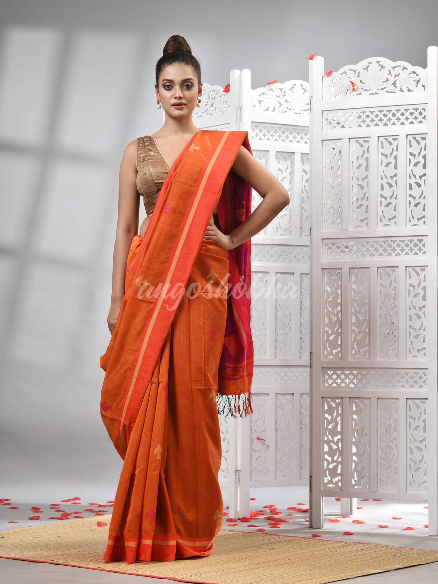 Orange Cotton Blend All Body Motive With Rani Pallu Handloom Saree