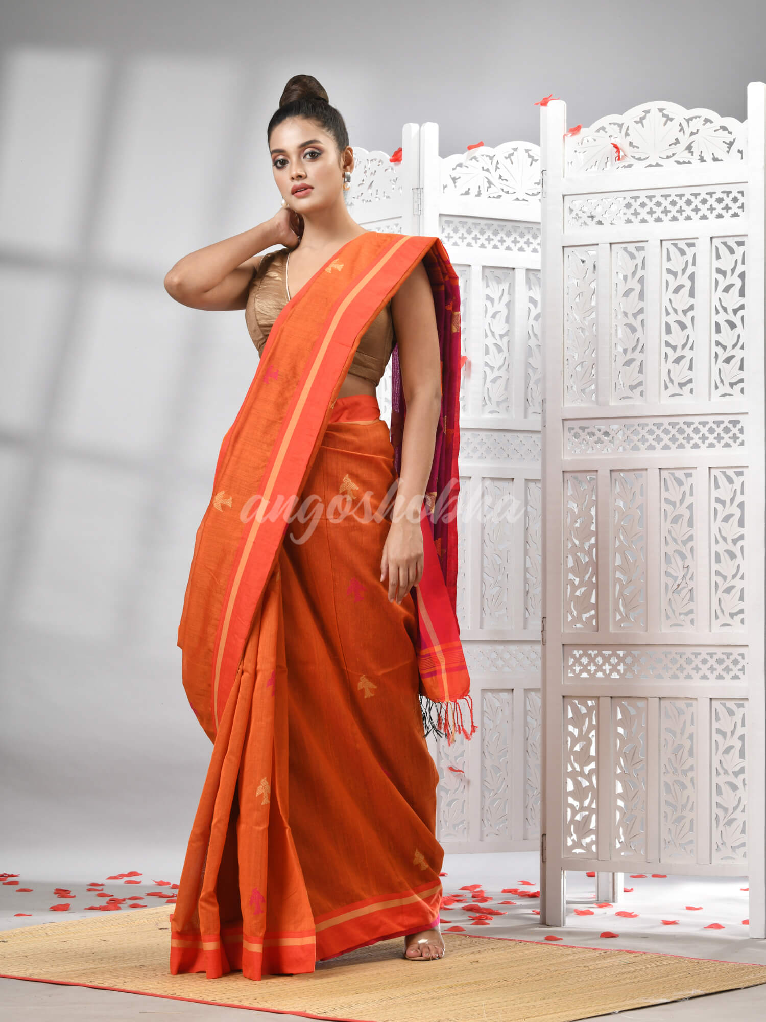 Orange Cotton Blend All Body Motive With Rani Pallu Handloom Saree