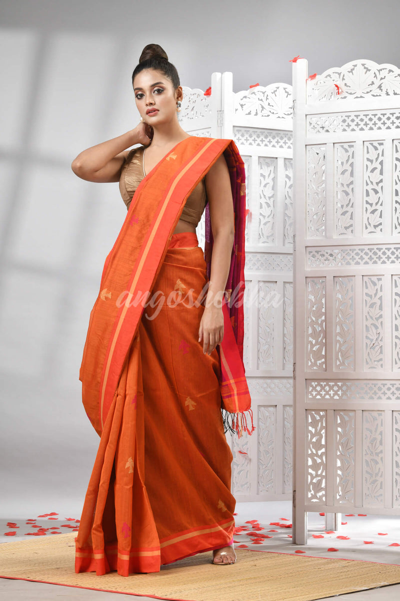 Orange Cotton Blend All Body Motive With Rani Pallu Handloom Saree