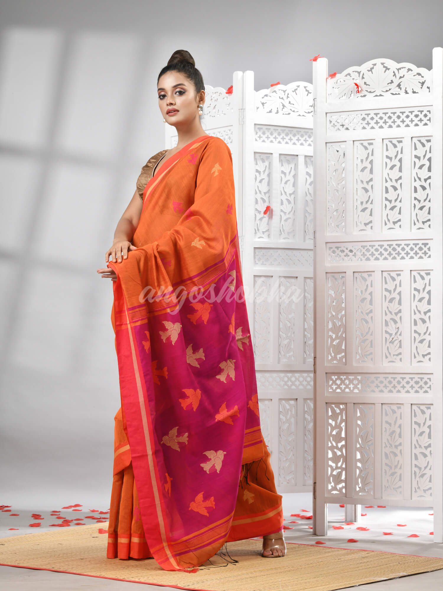 Orange Cotton Blend All Body Motive With Rani Pallu Handloom Saree