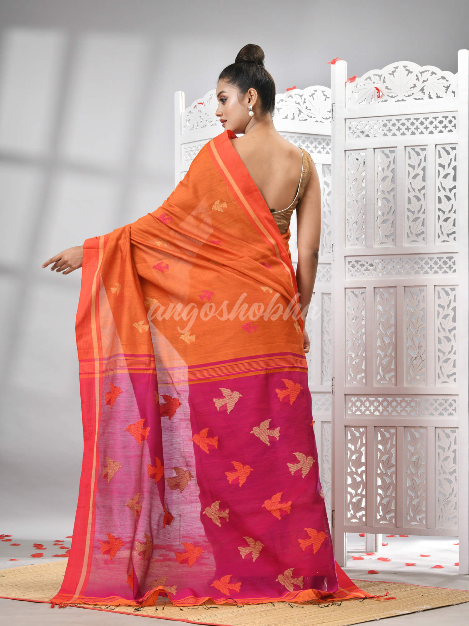 Orange Cotton Blend All Body Motive With Rani Pallu Handloom Saree