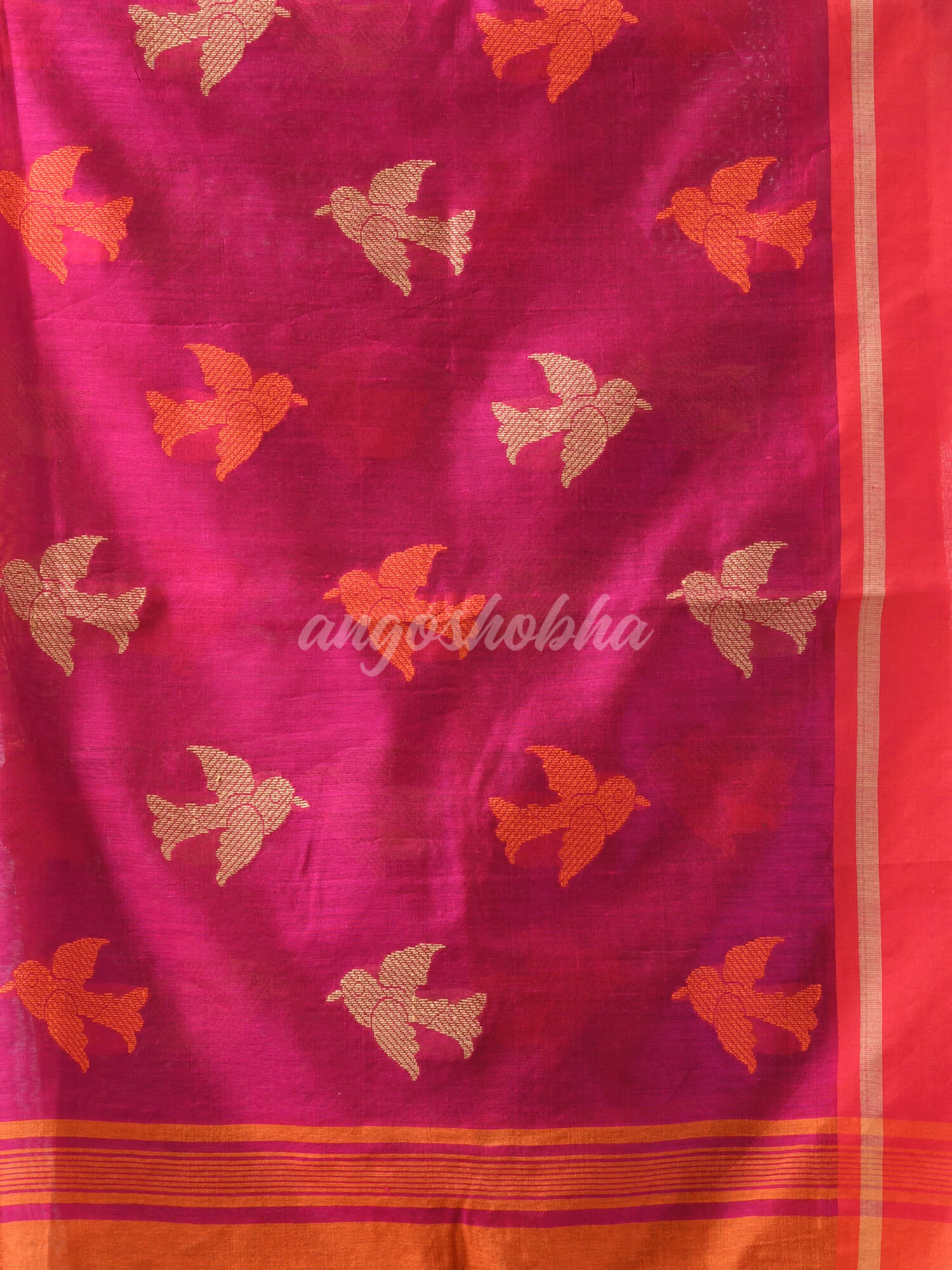 Orange Cotton Blend All Body Motive With Rani Pallu Handloom Saree