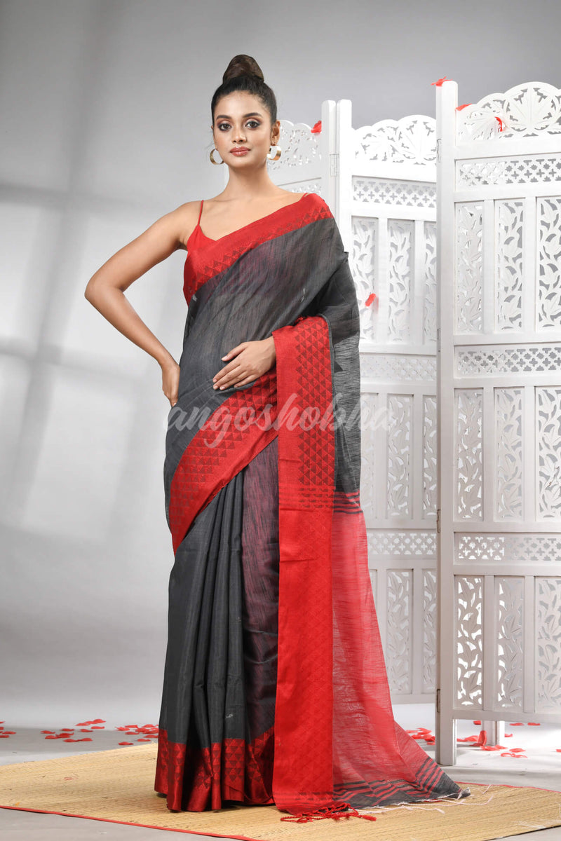 Grey Cotton Blend Solid Body Red Pallu Handloom Saree
