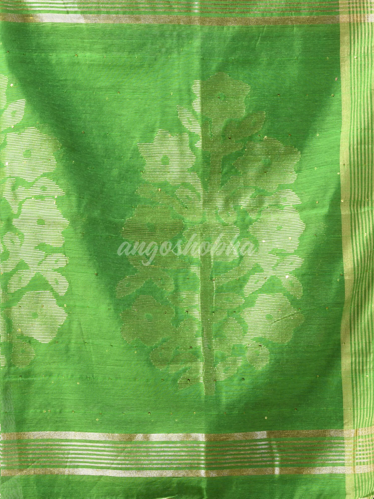 Green Cotton Blend Solid Body Design Pallu Handloom Saree