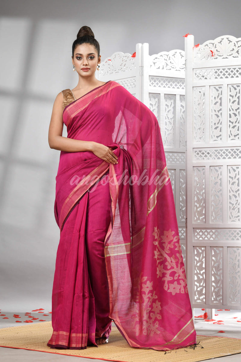 Rani Cotton Blend Solid Body Design Pallu Handloom Saree