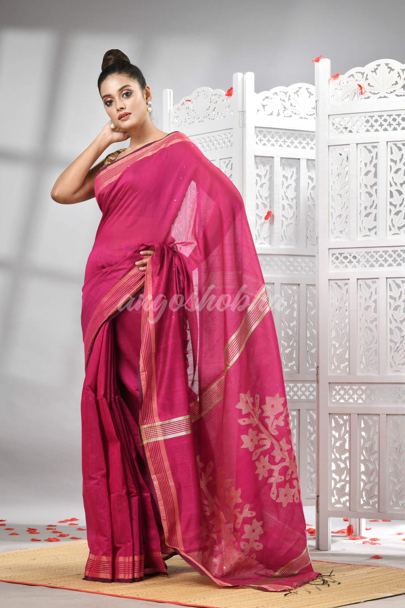 Rani Cotton Blend Solid Body Design Pallu Handloom Saree
