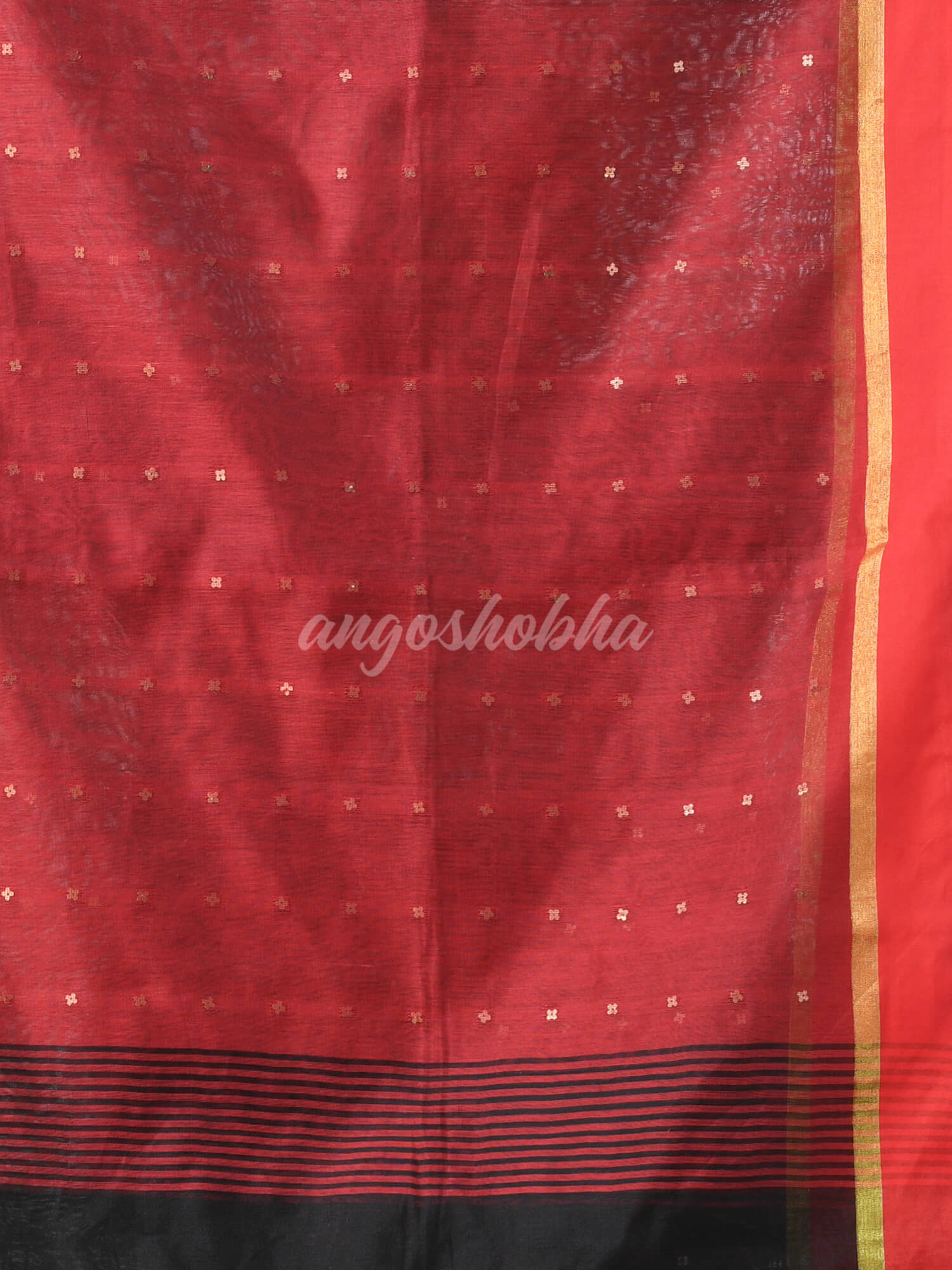 Black Cotton Blend Solid Body Red Pallu Handloom Saree