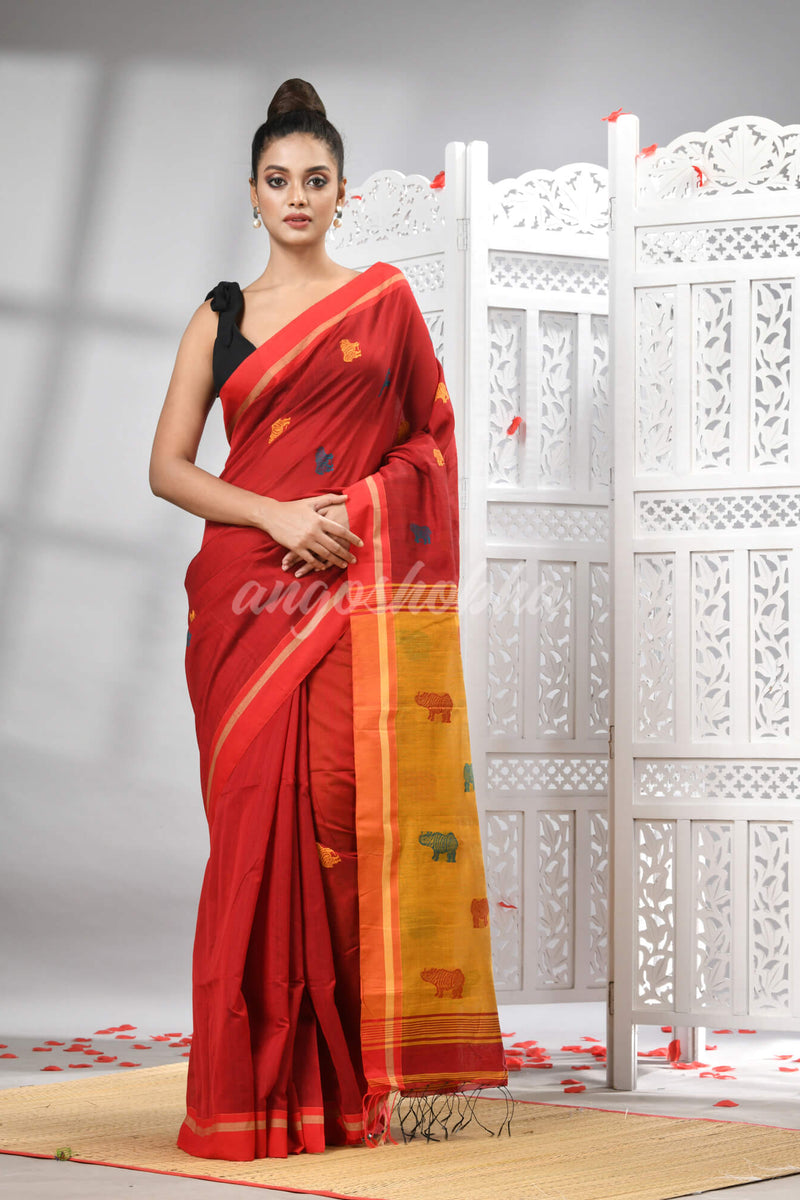 Red Cotton Blend All Body Motive With Yellow Pallu Handloom Saree