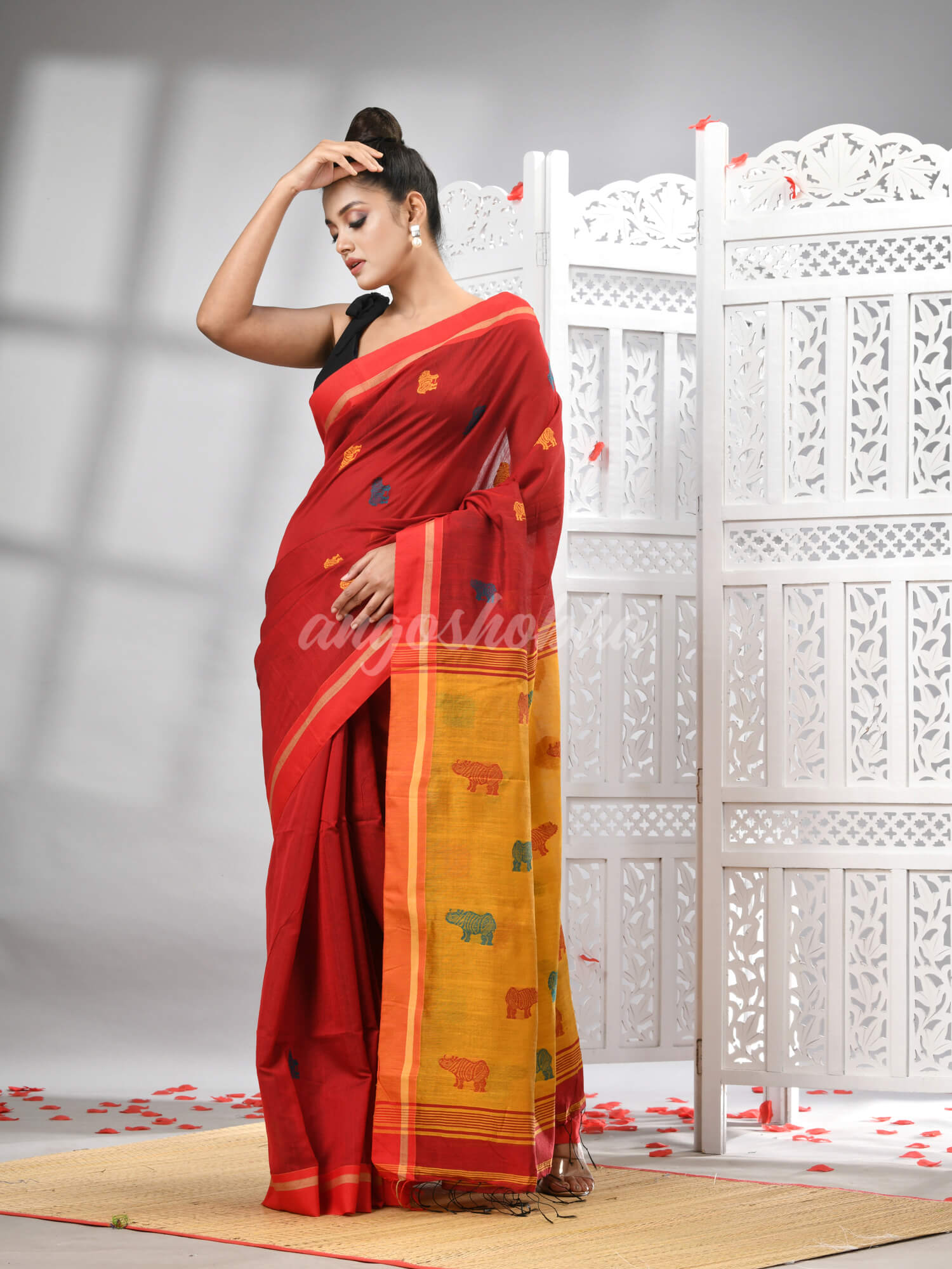 Red Cotton Blend All Body Motive With Yellow Pallu Handloom Saree
