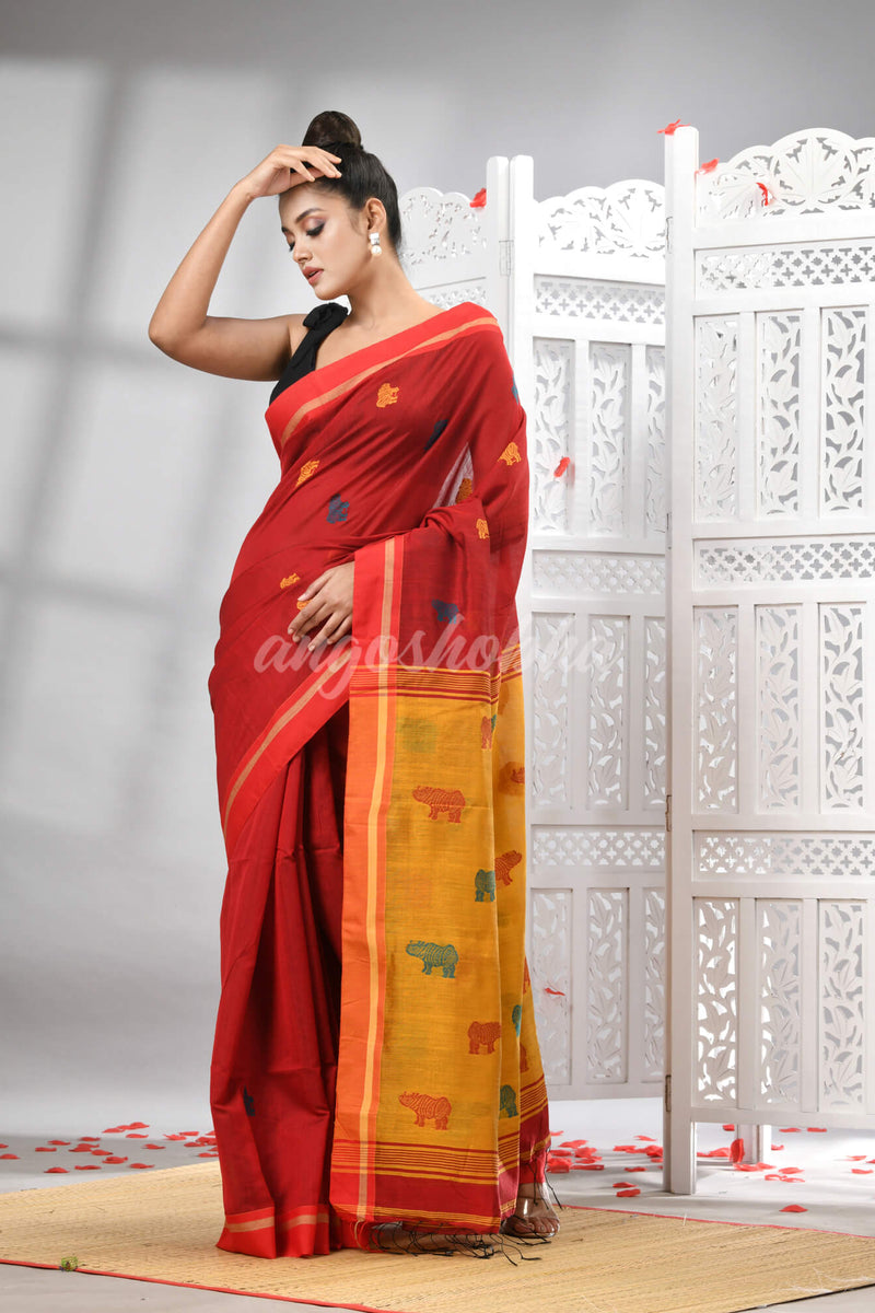 Red Cotton Blend All Body Motive With Yellow Pallu Handloom Saree
