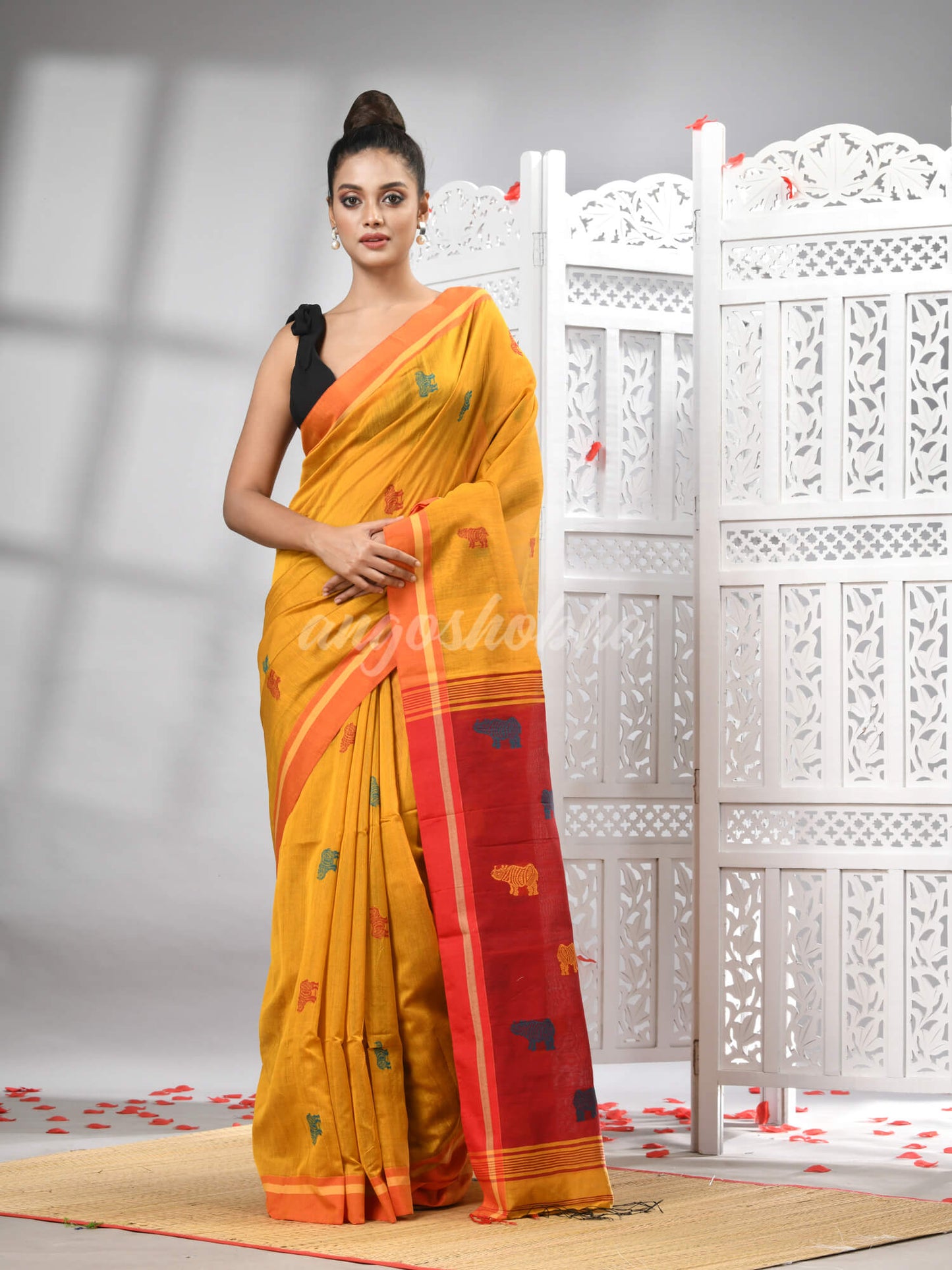 Yellow Cotton Blend All Body Motive With Red Pallu Handloom Saree