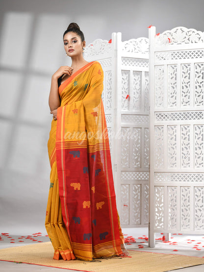 Yellow Cotton Blend All Body Motive With Red Pallu Handloom Saree