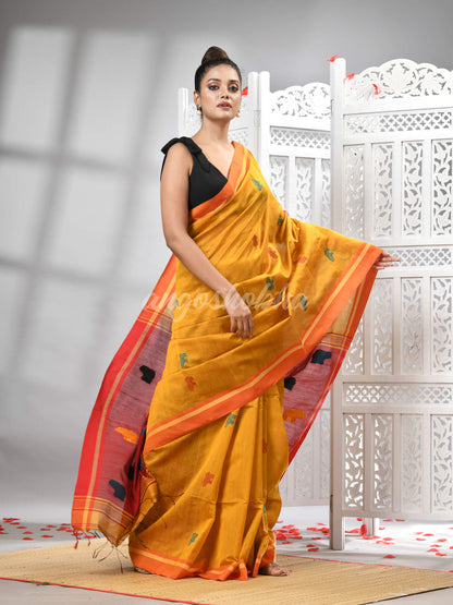 Yellow Cotton Blend All Body Motive With Red Pallu Handloom Saree