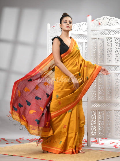 Yellow Cotton Blend All Body Motive With Red Pallu Handloom Saree