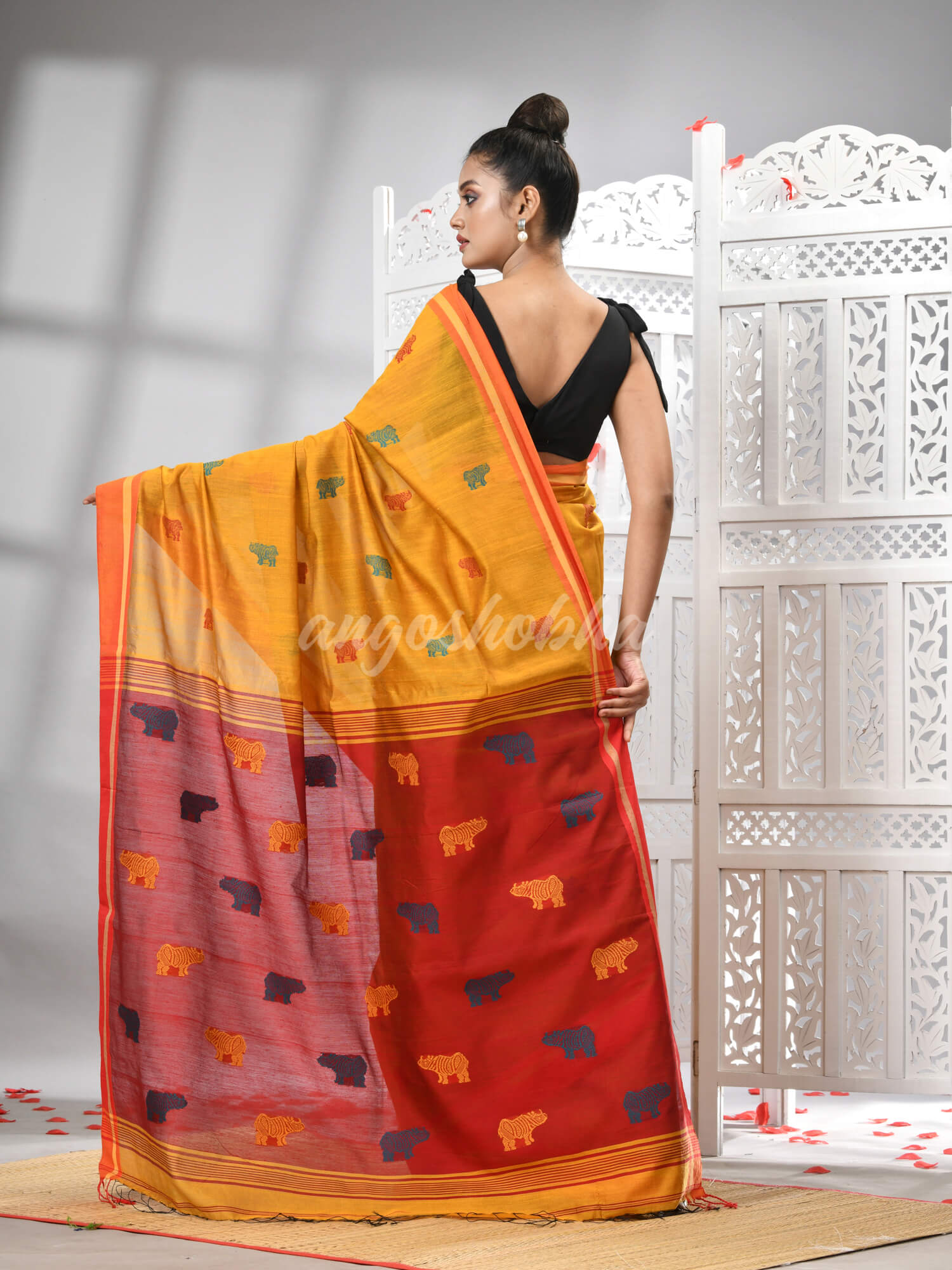 Yellow Cotton Blend All Body Motive With Red Pallu Handloom Saree