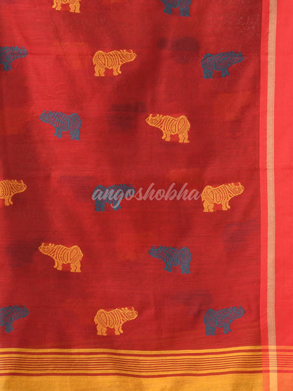 Yellow Cotton Blend All Body Motive With Red Pallu Handloom Saree