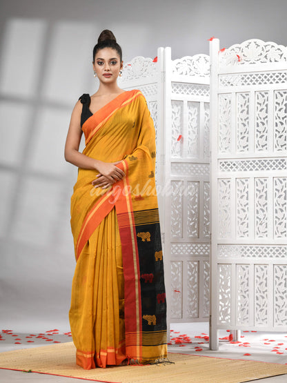 Yellow Cotton Blend All Body Motive With Black Pallu Handloom Saree