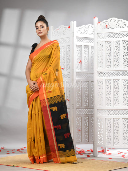 Yellow Cotton Blend All Body Motive With Black Pallu Handloom Saree