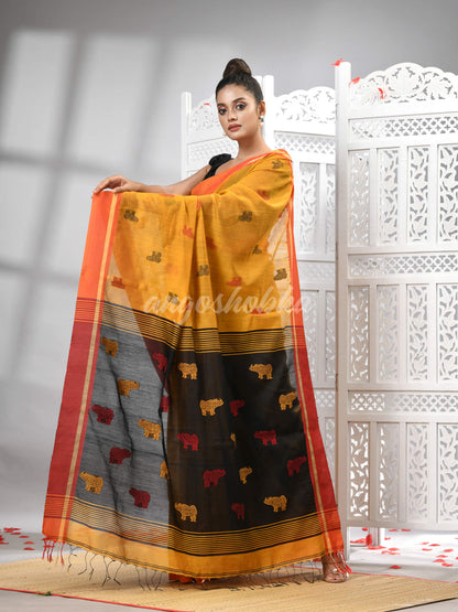 Yellow Cotton Blend All Body Motive With Black Pallu Handloom Saree