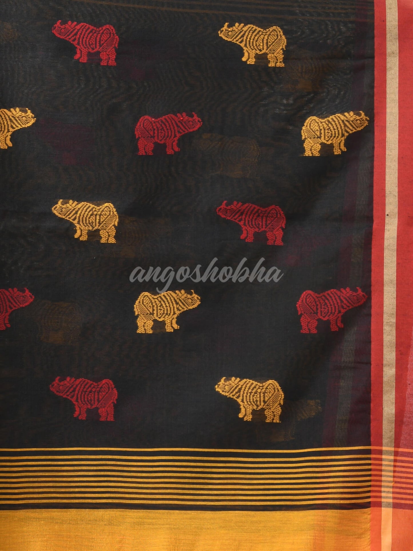 Yellow Cotton Blend All Body Motive With Black Pallu Handloom Saree