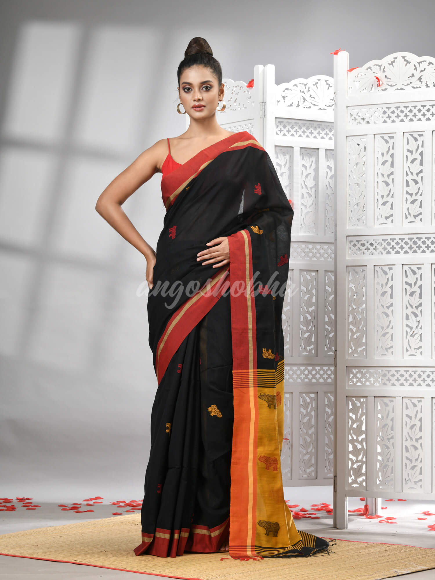 Black Cotton Blend All Body Motive With Yellow Pallu Handloom Saree