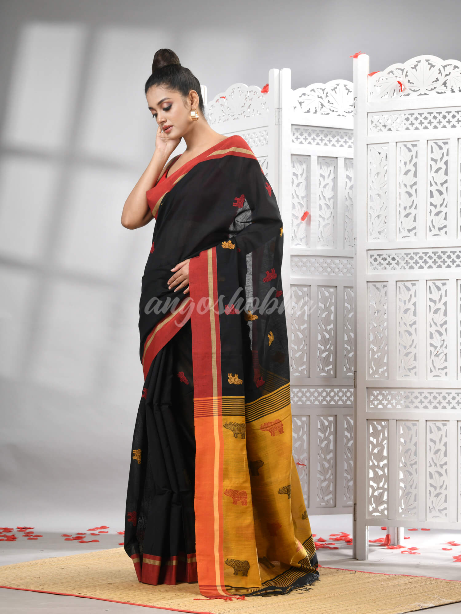 Black Cotton Blend All Body Motive With Yellow Pallu Handloom Saree
