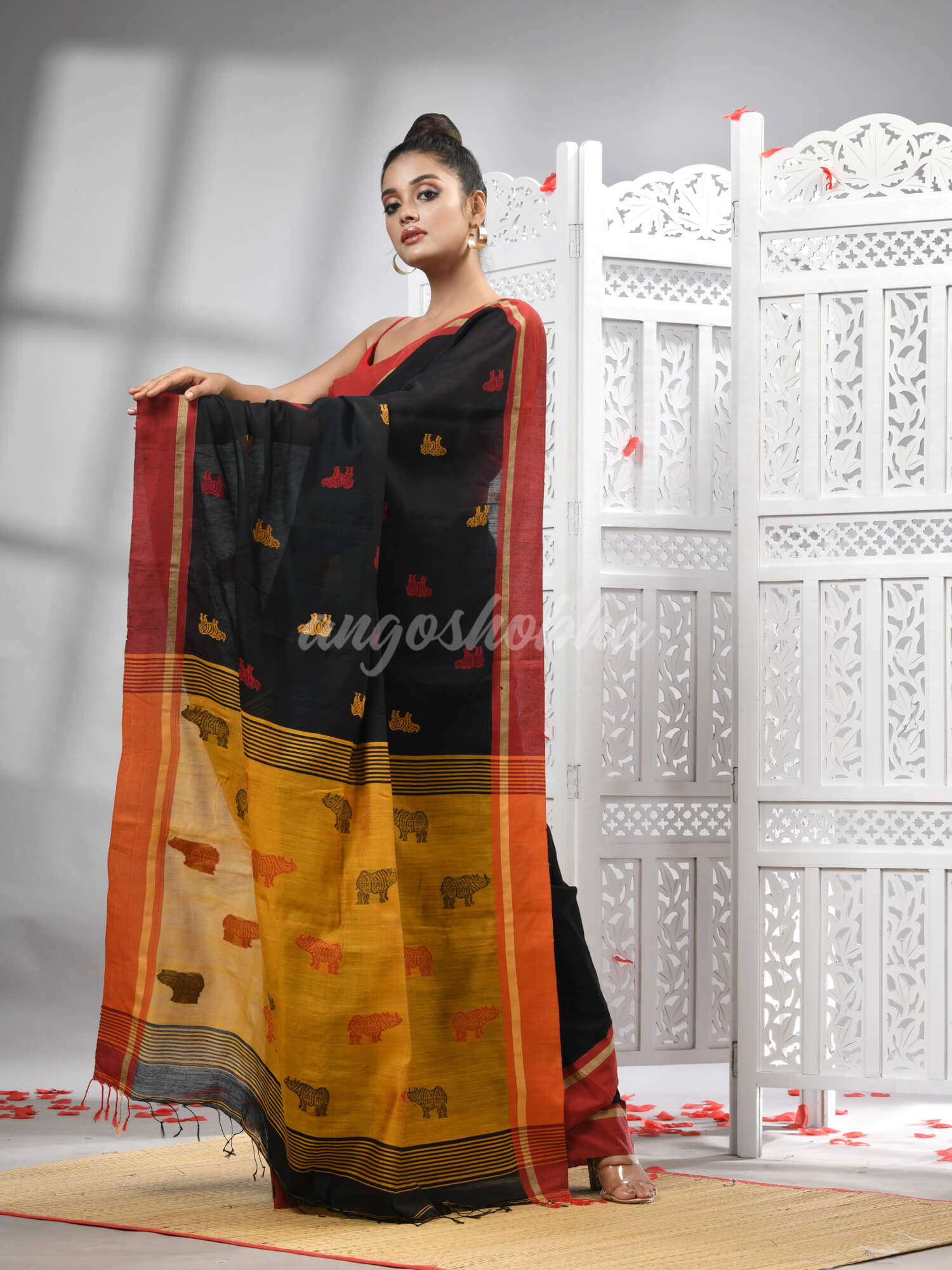 Black Cotton Blend All Body Motive With Yellow Pallu Handloom Saree