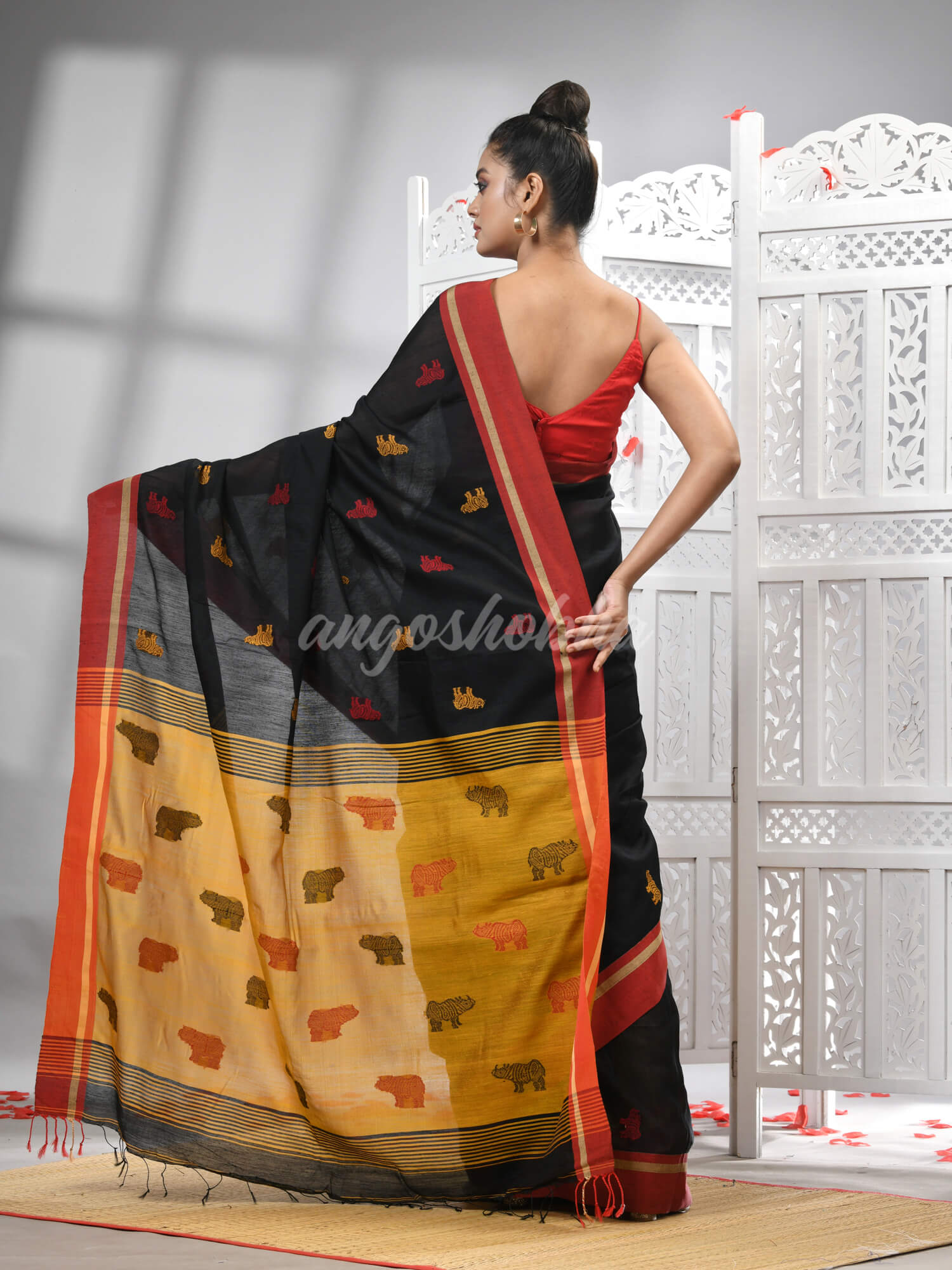 Black Cotton Blend All Body Motive With Yellow Pallu Handloom Saree