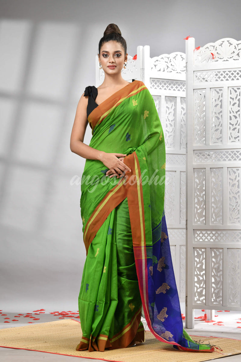 Green Cotton Blend All Body Motive With Blue Pallu Handloom Saree