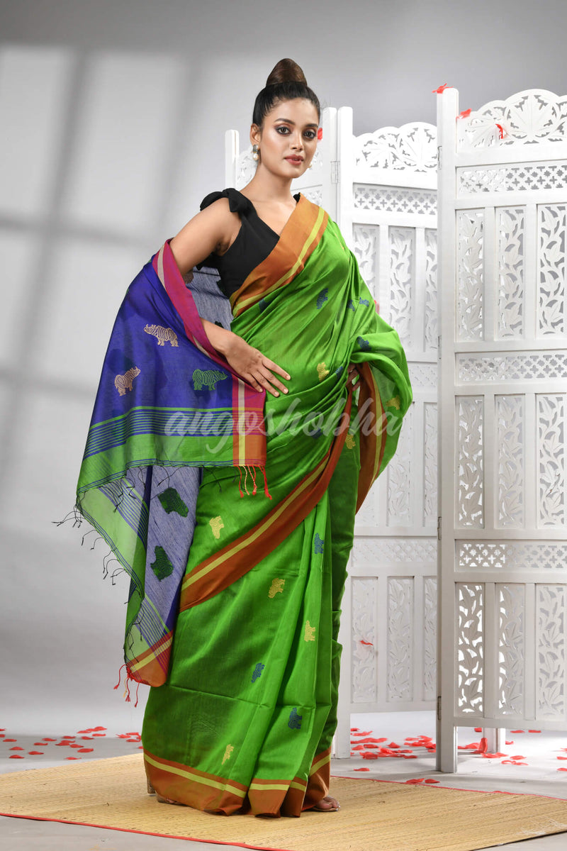 Green Cotton Blend All Body Motive With Blue Pallu Handloom Saree