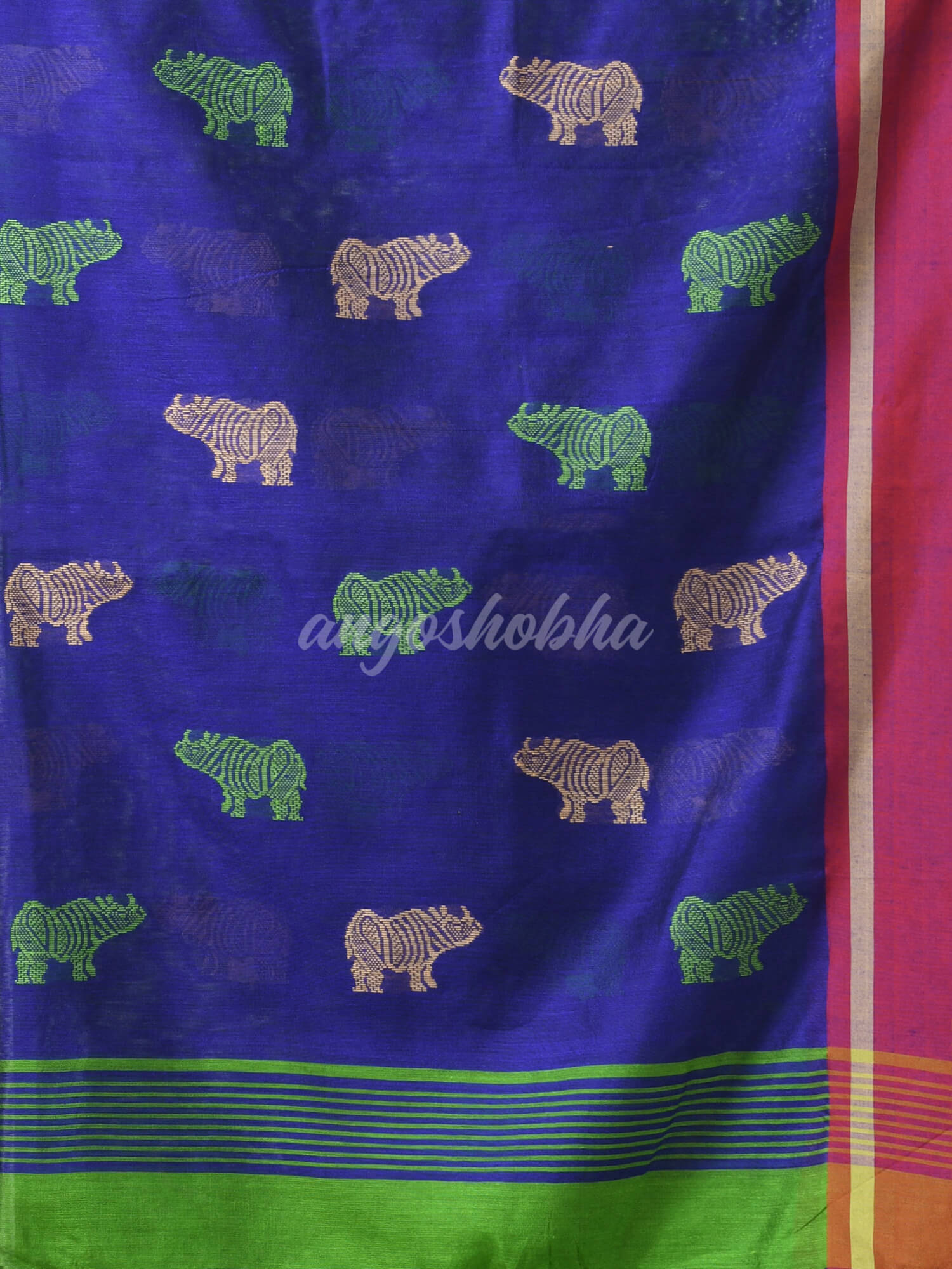 Green Cotton Blend All Body Motive With Blue Pallu Handloom Saree