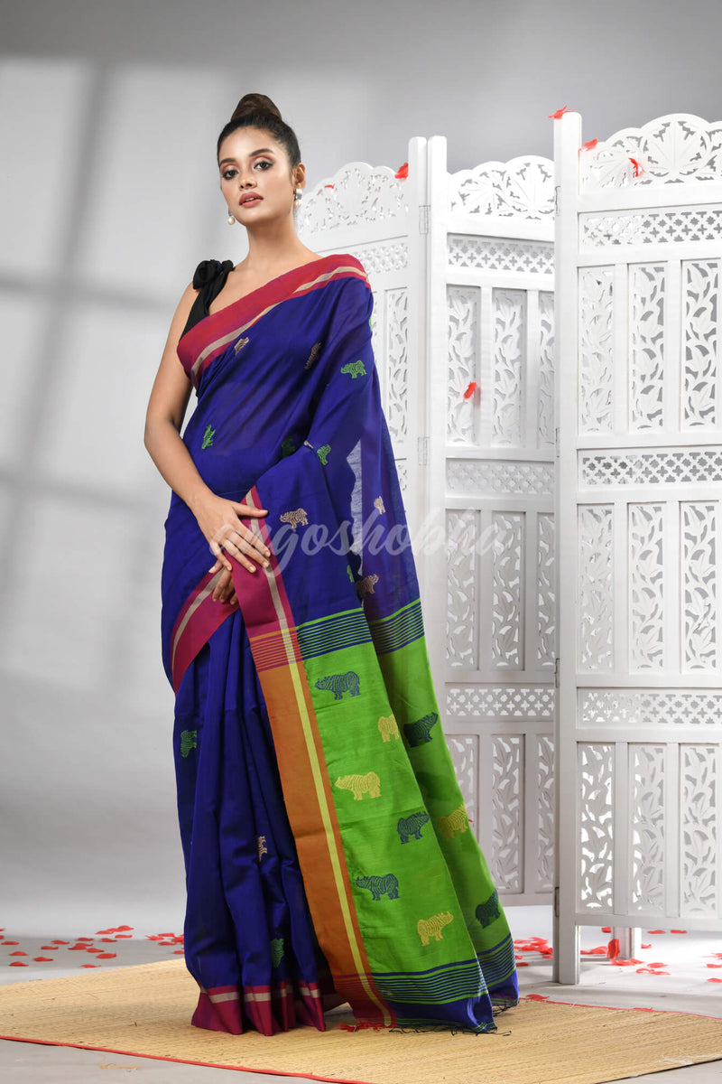 Blue Cotton Blend All Body Motive With Green Pallu Handloom Saree