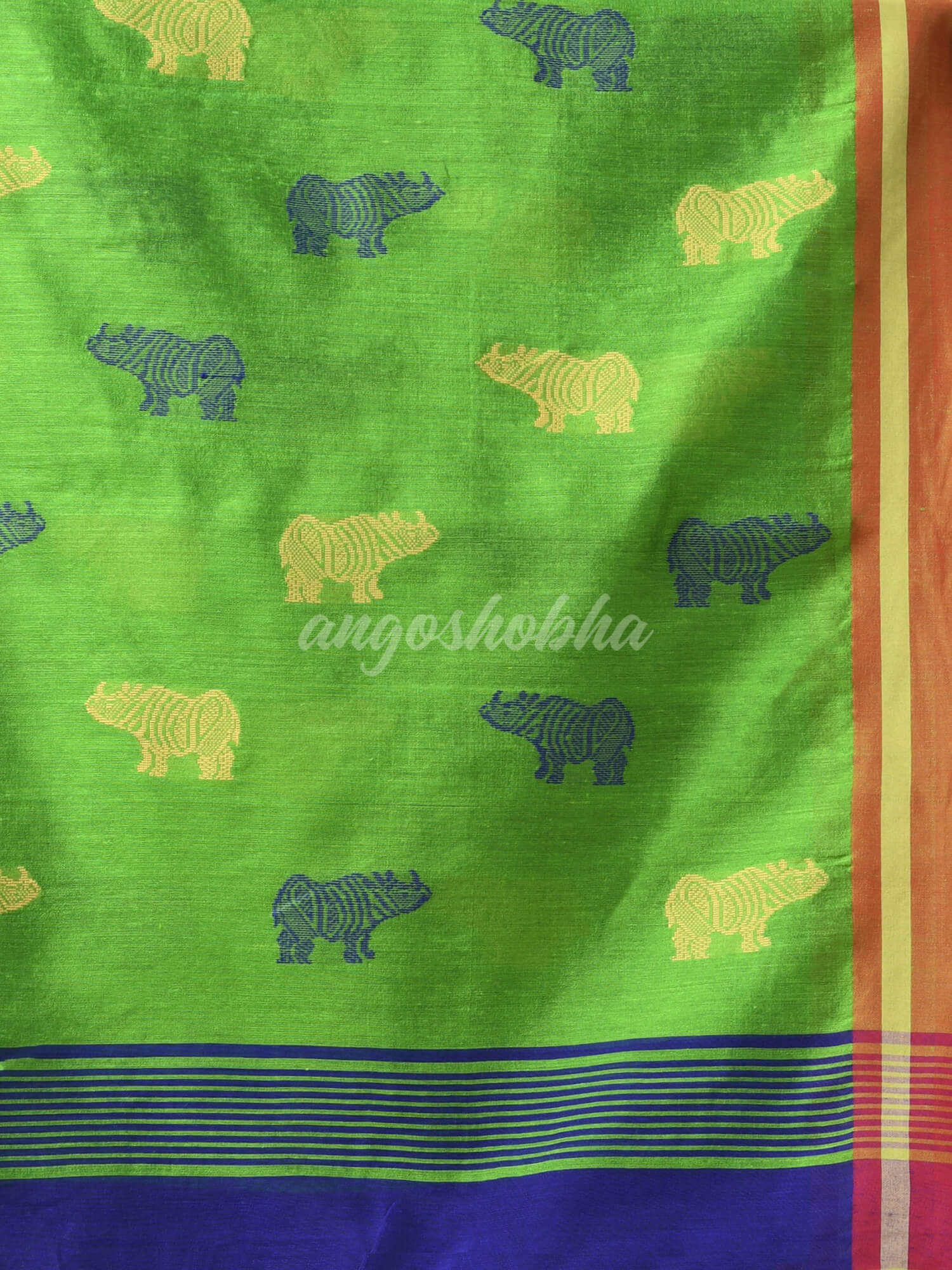 Blue Cotton Blend All Body Motive With Green Pallu Handloom Saree