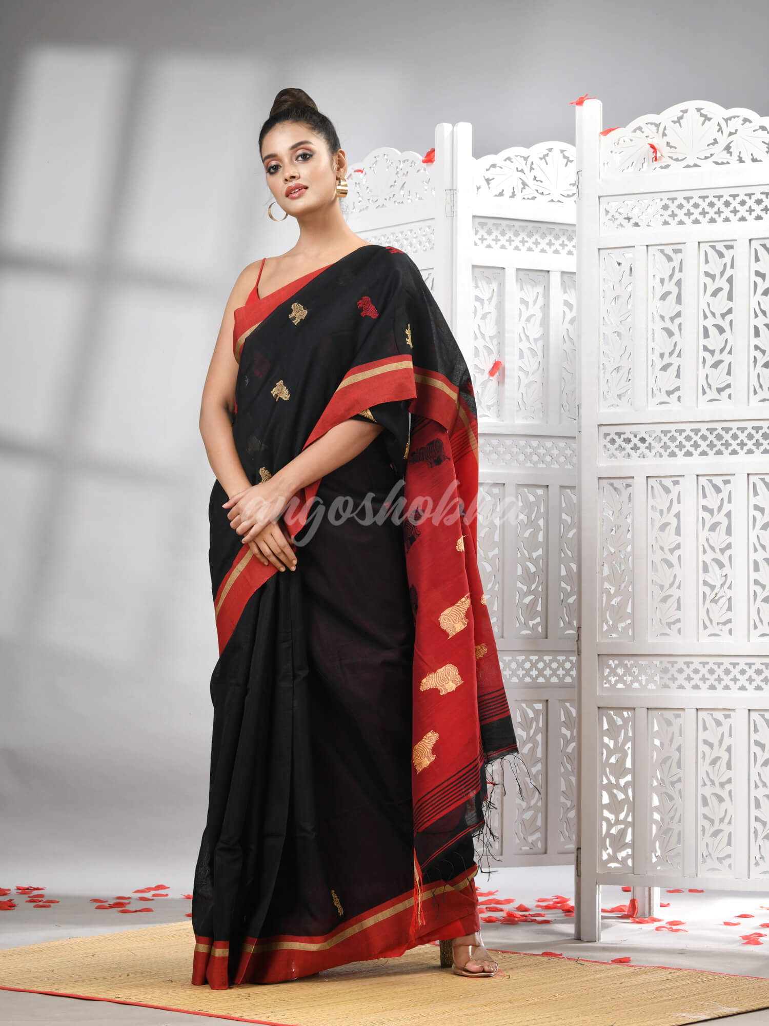 Black Cotton Blend All Body Motive With Red Pallu Handloom Saree