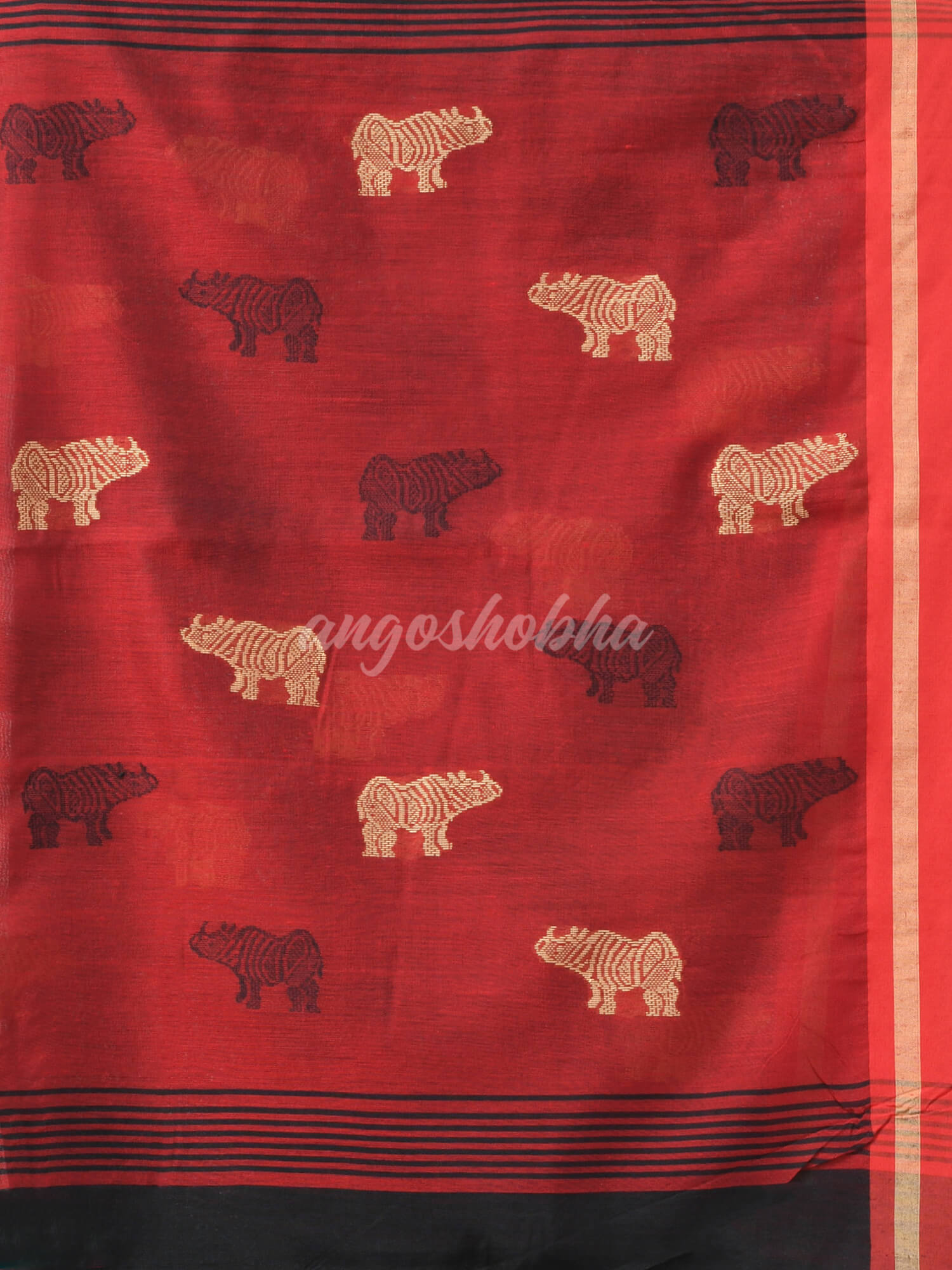 Black Cotton Blend All Body Motive With Red Pallu Handloom Saree