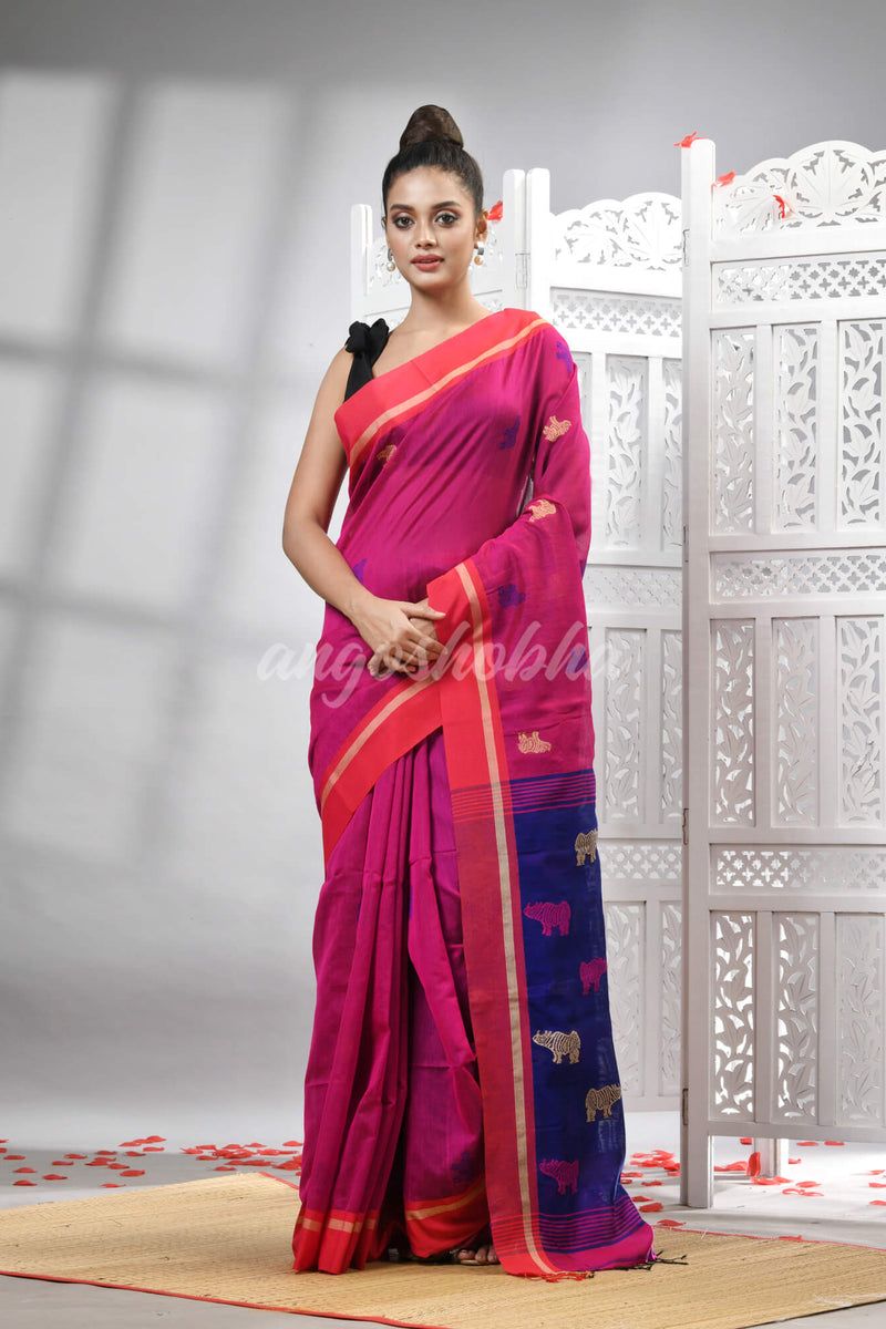 Rani Cotton Blend All Body Motive With Blue Pallu Handloom Saree