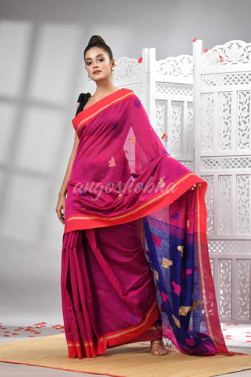 Rani Cotton Blend All Body Motive With Blue Pallu Handloom Saree