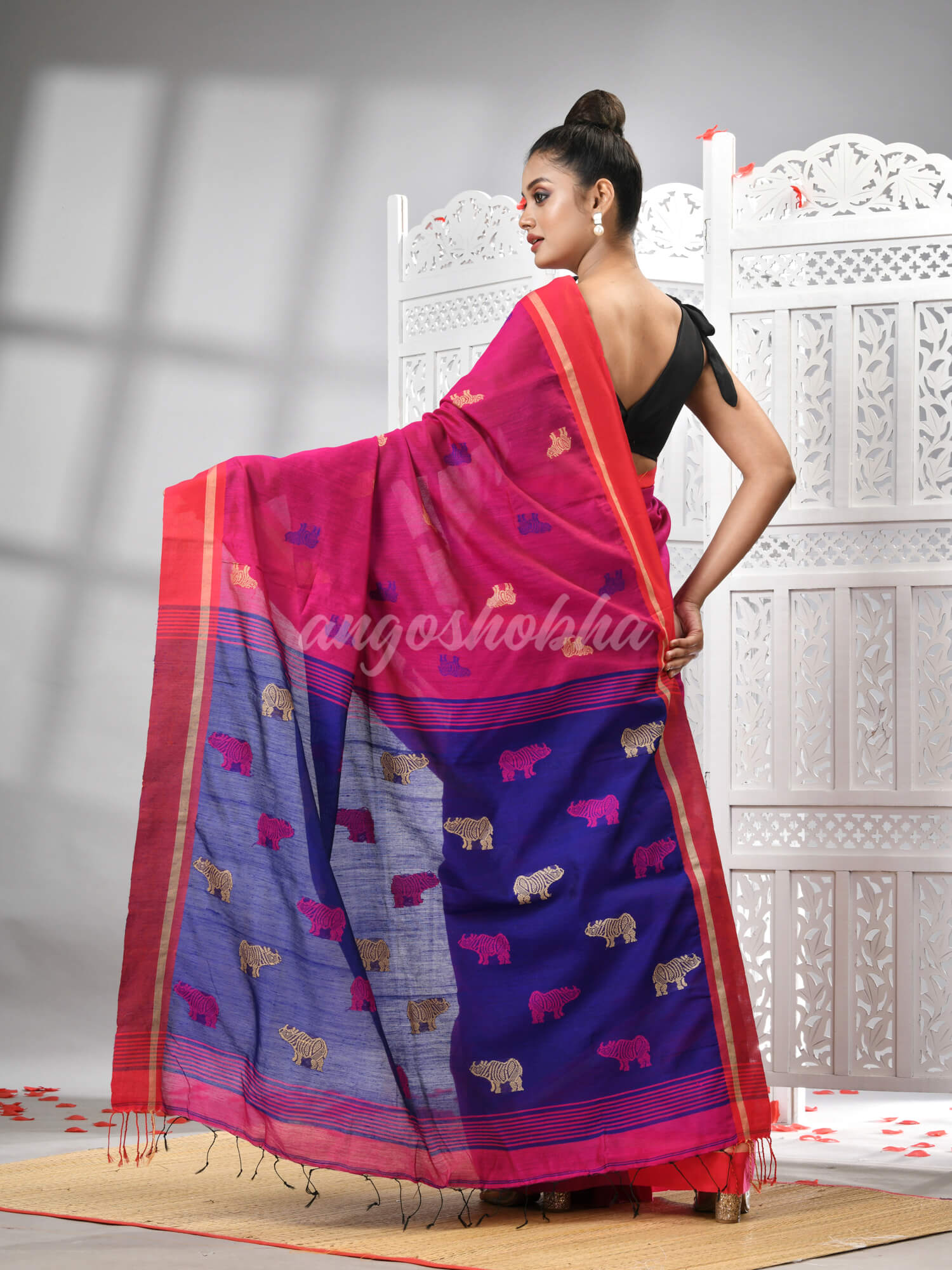 Rani Cotton Blend All Body Motive With Blue Pallu Handloom Saree