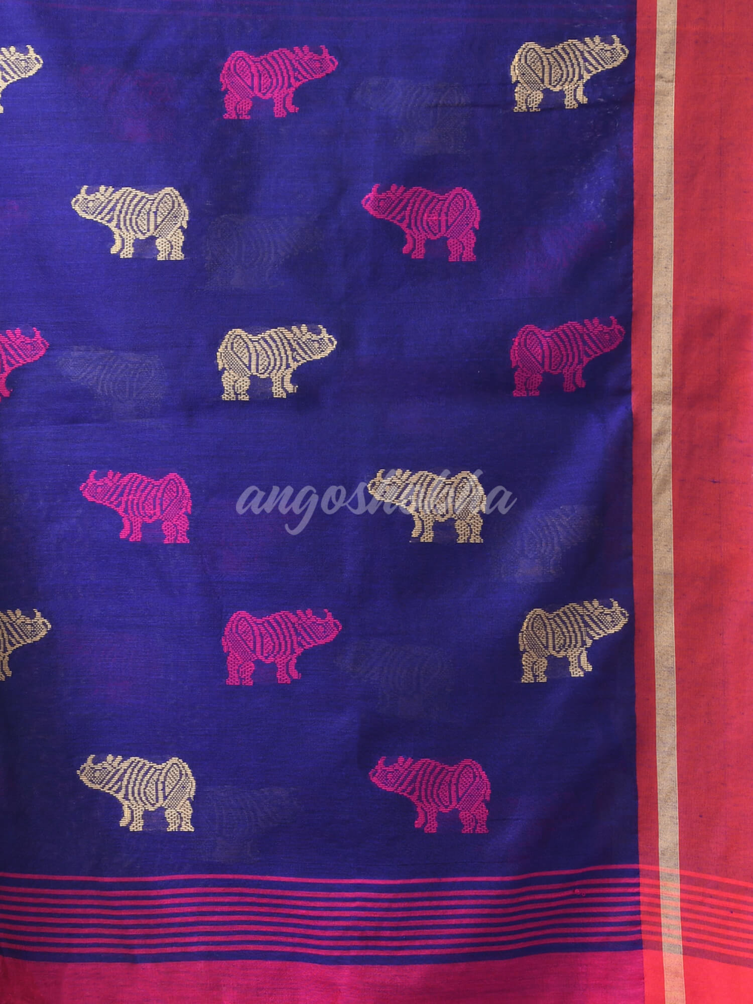 Rani Cotton Blend All Body Motive With Blue Pallu Handloom Saree