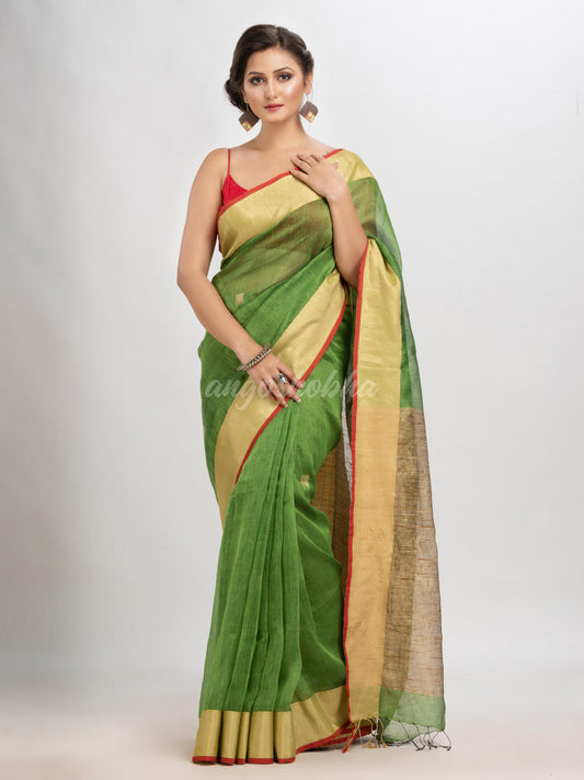 Lime green silk blend linen with  solid border jamdani saree