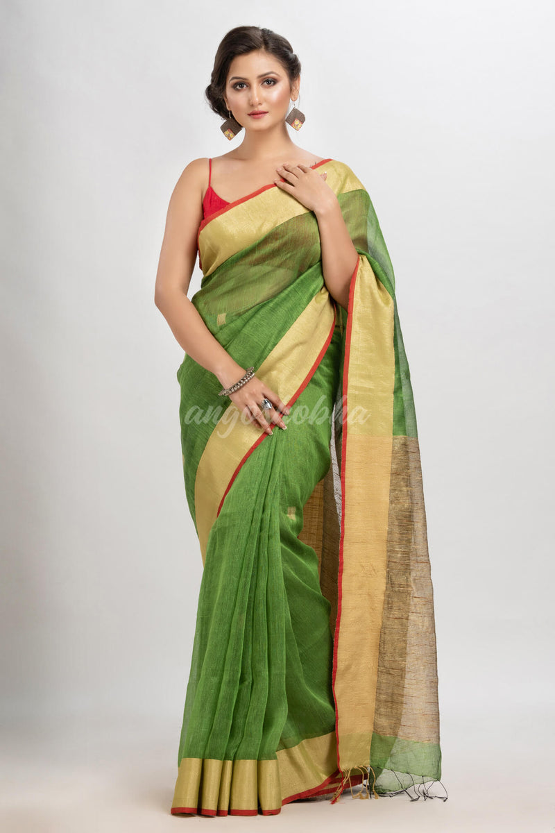 Lime green silk blend linen with  solid border jamdani saree