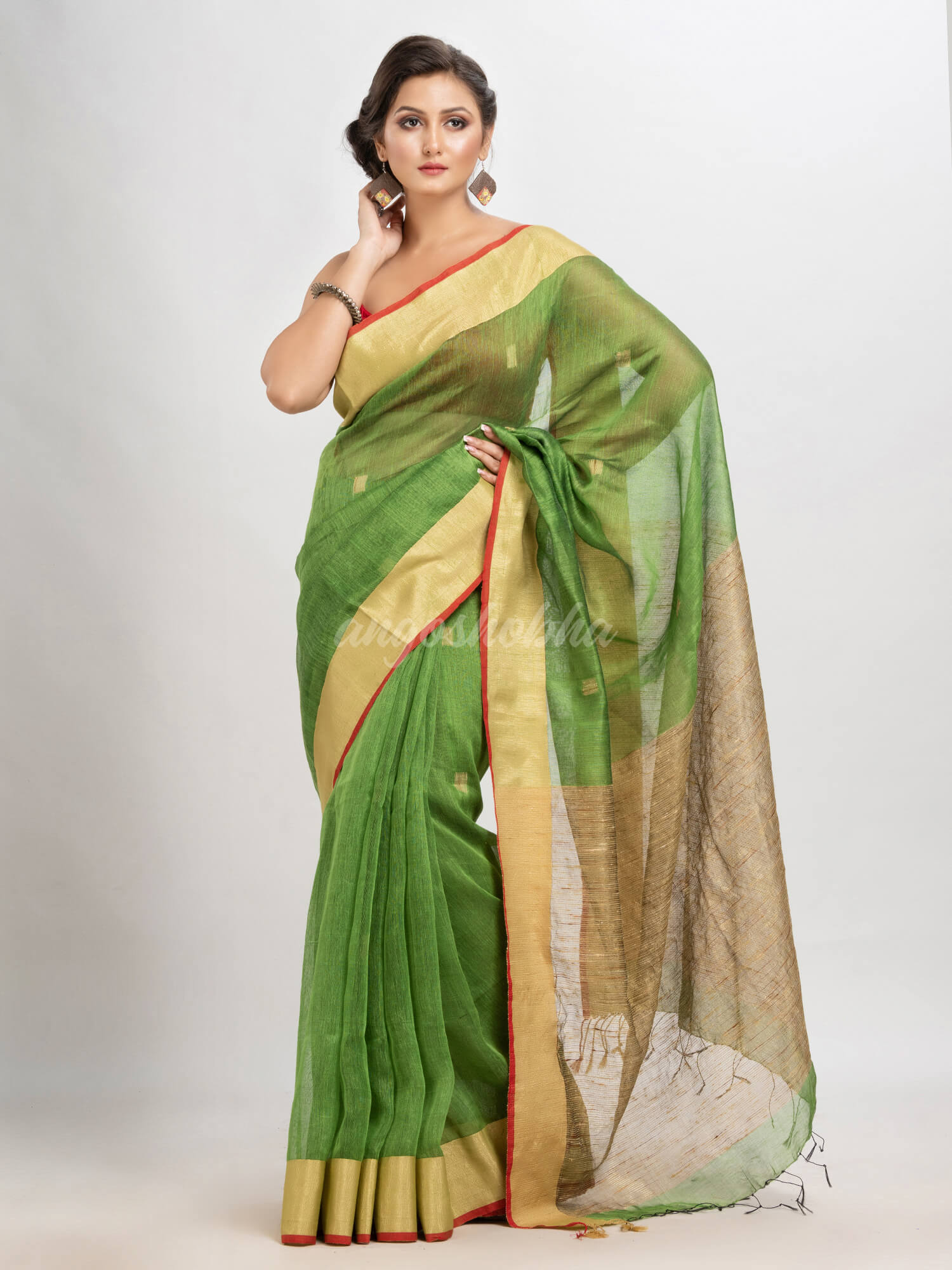 Lime green silk blend linen with  solid border jamdani saree